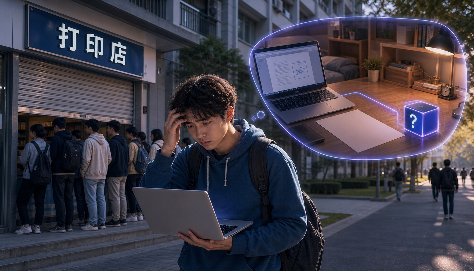 校园场景：打印店关门，宿舍里出现一台口袋打印的想象