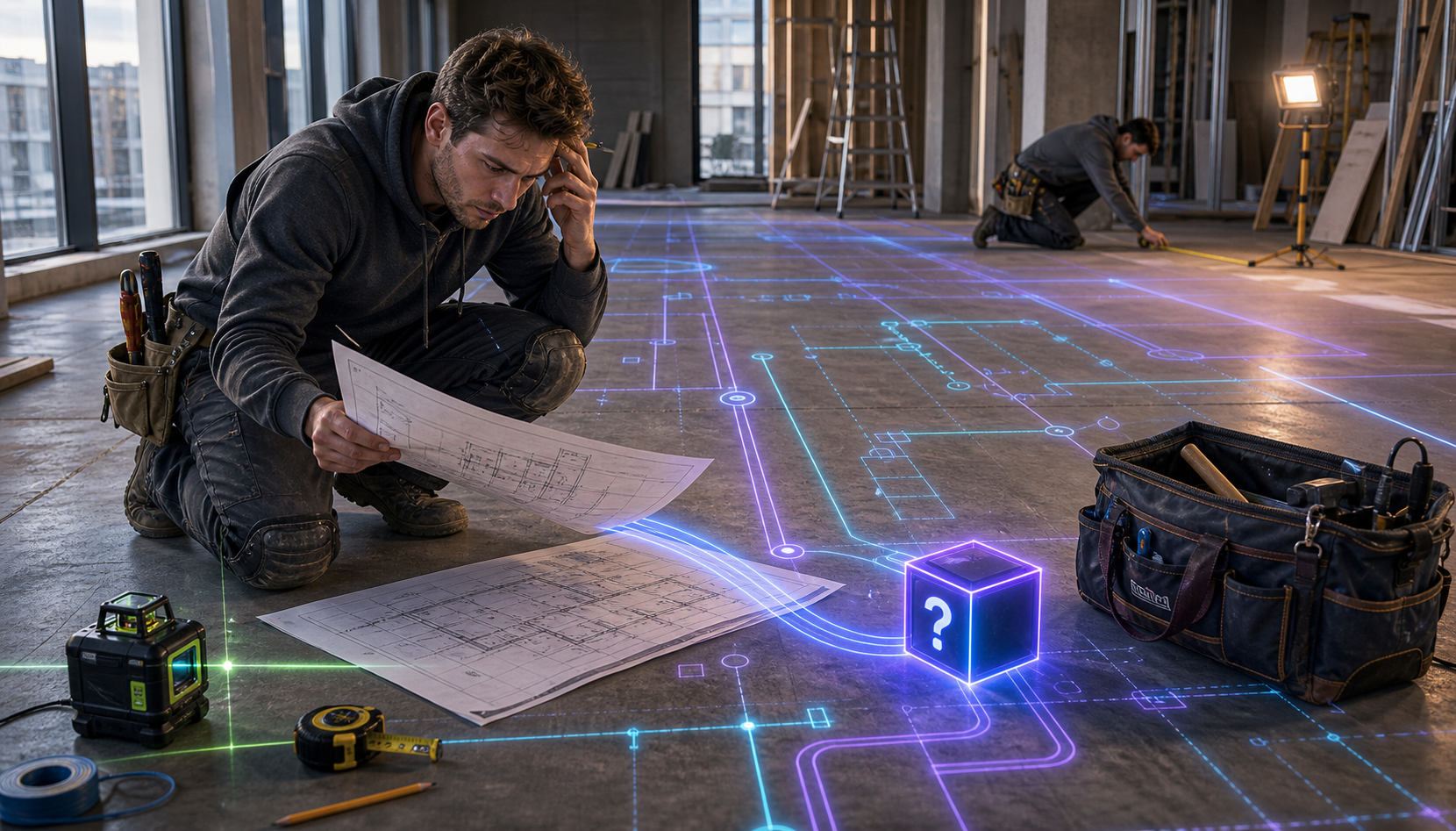 Site scene: layout lines and component outlines about to land on the floor