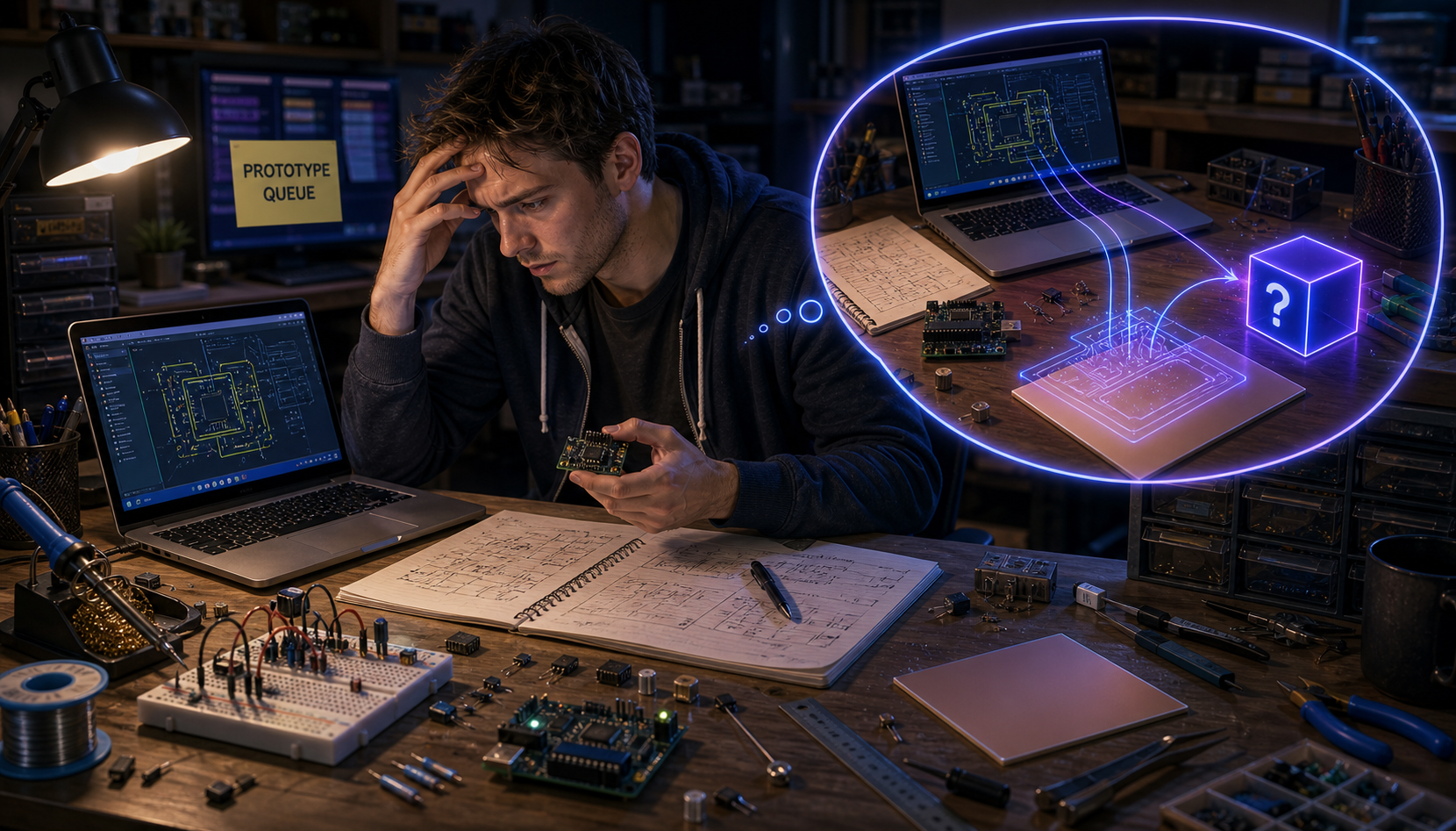 Prototyping scene: late-night workbench, circuit lines about to land on a substrate
