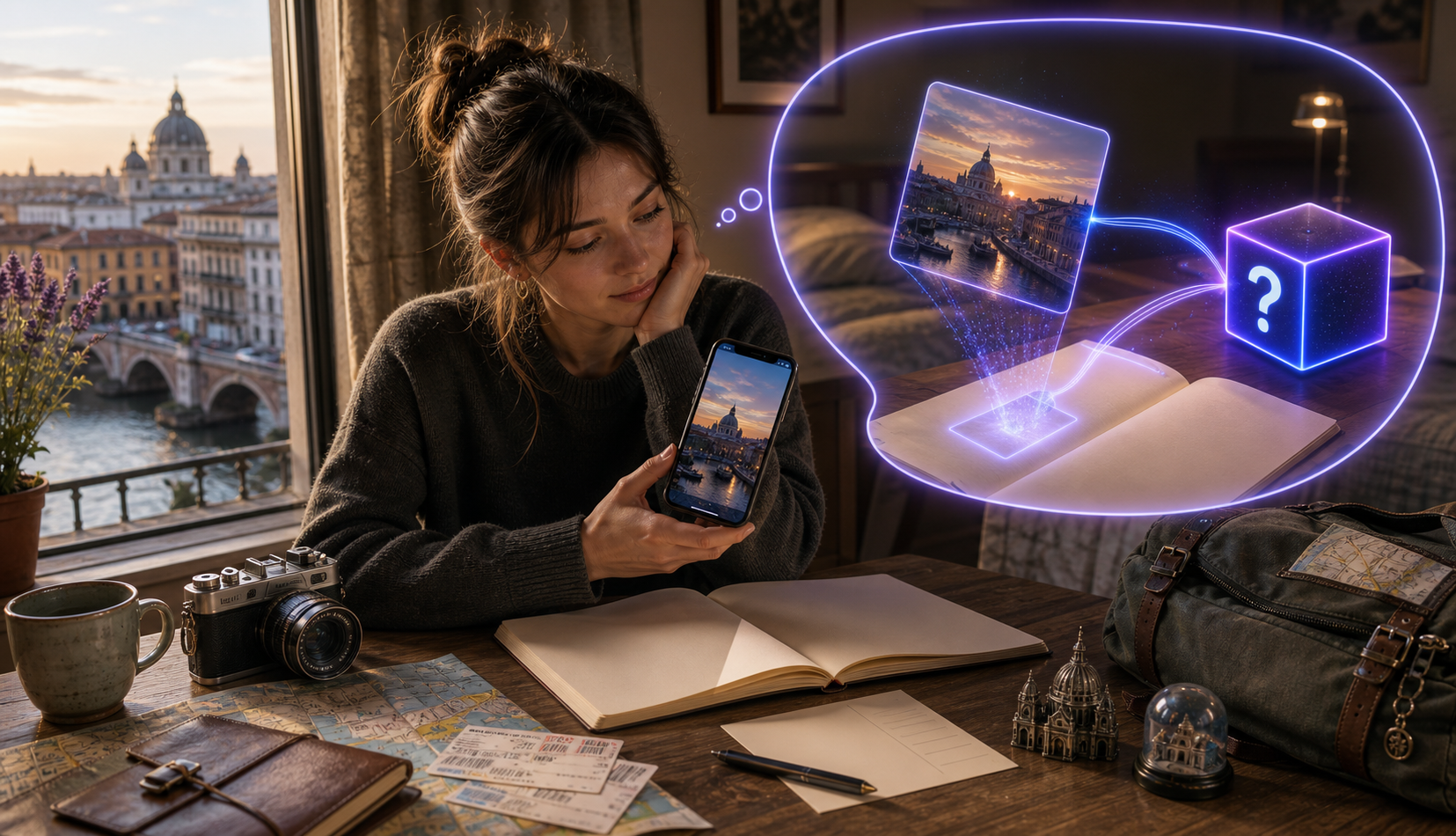 Travel scene: a phone moment about to land on a journal page